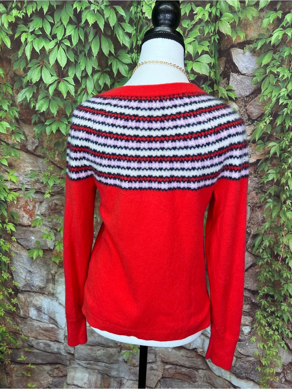 J. CREW Red Classic Prep Fair Isle Nordic Pure Cashmere Pullover Sweater, S - Picture 8 of 10
